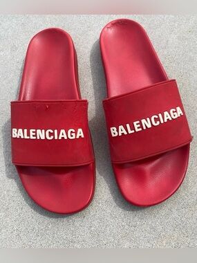 Balenciaga Red Slide Sandals with White Logo